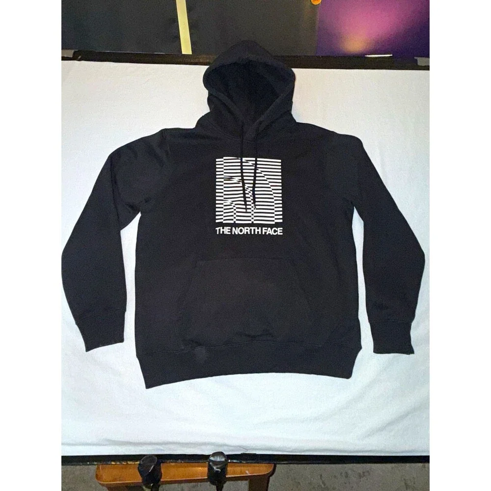 The North Face Fleece Pullover Hoodie Black Graphic Logo Pockets Size L